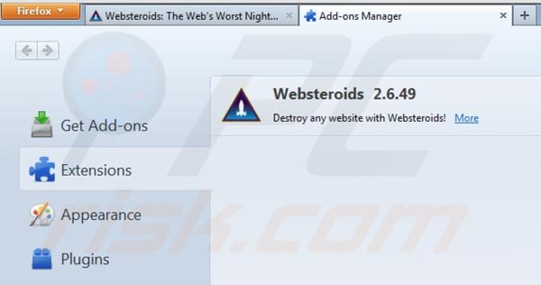 Usuwanie Websteroids z Mozilla Firefox krok 2