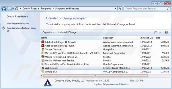Deinstalacja Websteroids z Panelu kontrolnego