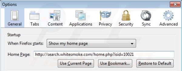Usuwanie search.whitesmoke.com ze strony domowej Mozilla Firefox