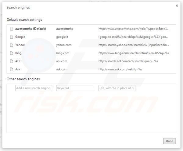 Usuwanie awesomehp.com z ustawień domyślnej wyszukiwarki Google Chrome