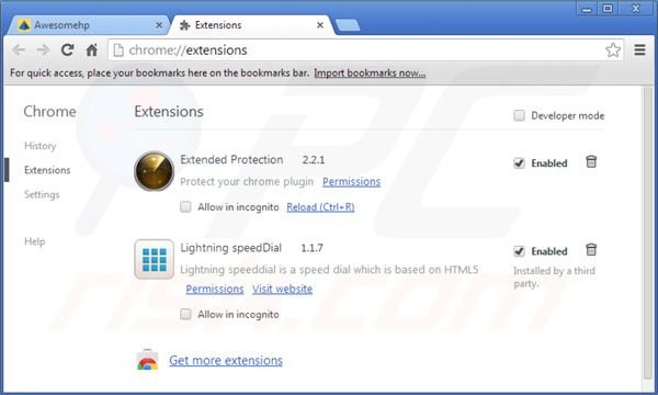 Usuwanie awesomehp.com z rozszerzeń Google Chrome