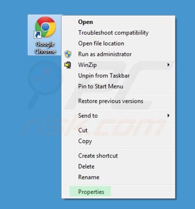 Usuwanie awesomehp.com ze skrótu docelowego Google Chrome krok 1