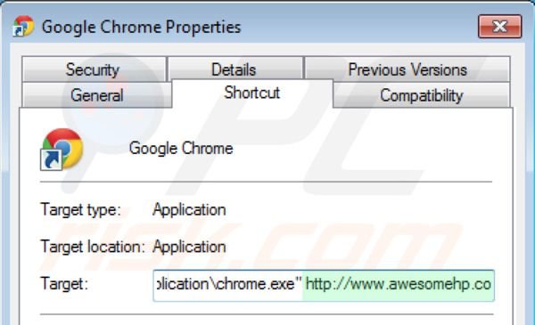 Usuwanie awesomehp.com ze skrótu docelowego Google Chrome krok 2