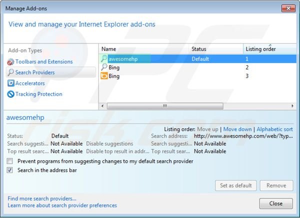 Usuwanie awesomehp.com z ustawień domyślnej wyszukiwarki Internet Explorer