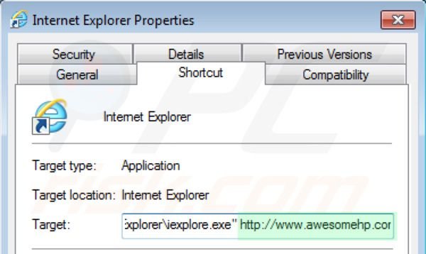 Usuwanie awesomehp.com ze skrótu docelowego Internet Explorer krok 2