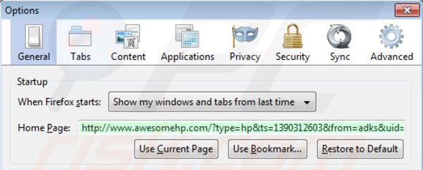 Usuwanie awesomehp.com ze strony domowej Mozilla Firefox
