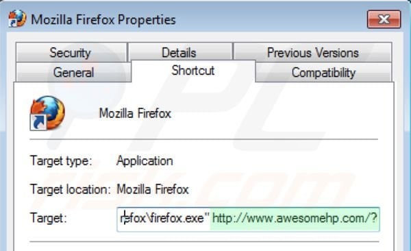 Usuwanie awesomehp.com ze skrótu docelowego Mozilla Firefox krok 2