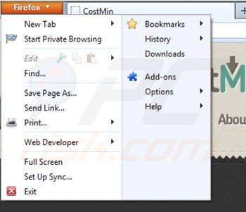Usuwanie costmin z rozszerzeń Mozilla Firefox krok 1