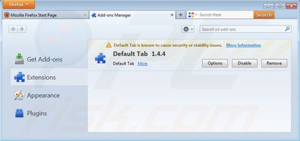 Usuwanie wirusa Default tab z rozszerzeń Mozila Firefox