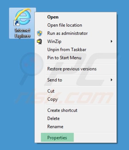 Usuwanie wirusa przekierowania inspsearch.com ze skrótu docelowego Internet Explorer krok 1