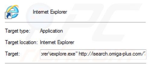 Usuwanie wirusa przekierowania inspsearch.com ze skrótu docelowego Internet Explorer krok 2
