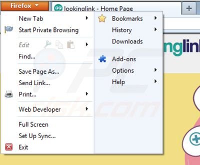 Usuwanie reklam Lookinglink z Mozilla Firefox krok 1