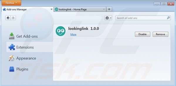 Usuwanie reklam Lookinglink z Mozilla Firefox krok 2