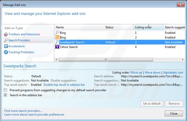 Usuwanie Mysearch.sweetpacks.com z ustawień domyślnej wyszukiwarki Internet Explorer