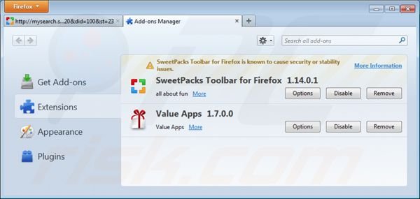 Usuwanie mysearch.sweetpacks.com z rozszerzeń Mozilla Firefox