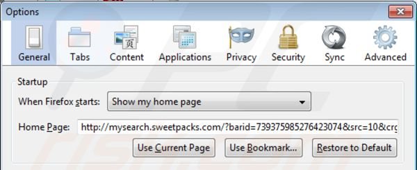 Usuwanie mysearch.sweetpacks.com ze strony domowej Mozilla Firefox