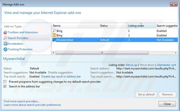 Usuwanie mysearchdial.com z ustawień domyślnej wyszukiwarki Internet Explorer