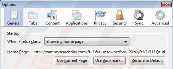 Usuwanie mysearchdial.com ze strony domowej Mozilla Firefox