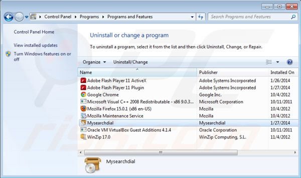 Deinstalacja Mysearchdial przy użyciu Panelu kontrolnego