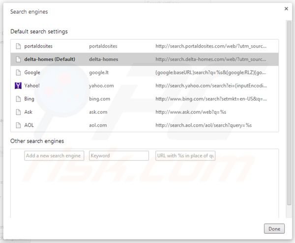 Usuwanie portaldosites.com z ustawień domyślnej wyszukiwarki Google Chrome