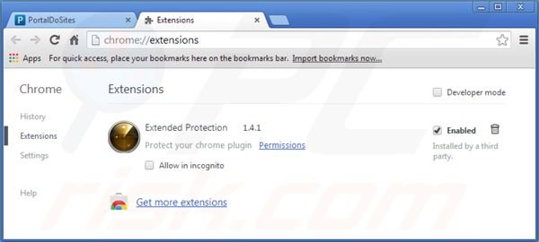 Usuwanie portaldosites.com z powiązanych rozszerzeń Google Chrome
