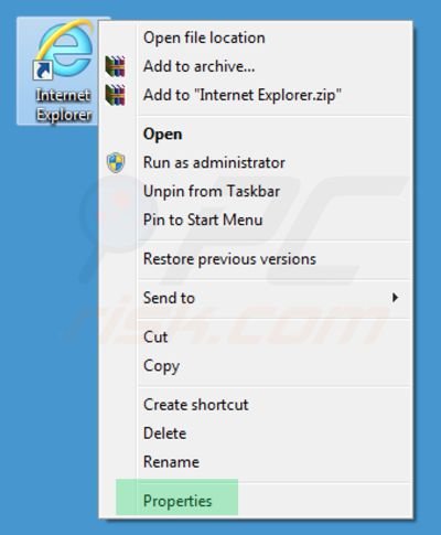 Usuwanie portaldosites.com ze skrótu docelowego Internet Explorer krok 1