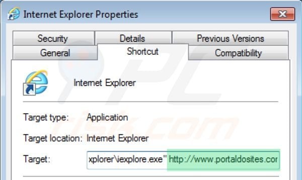 Usuwanie portaldosites.com ze skrótu docelowego Internet Explorer krok 2