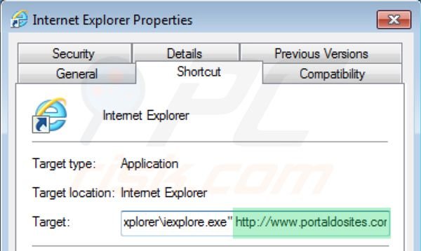Usuwanie portaldosites.com ze skrótu docelowego Internet Explorer krok 2