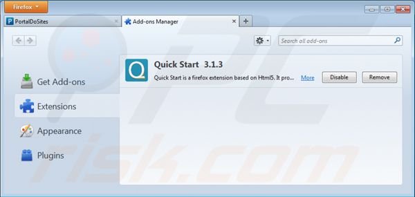 Usuwanie portaldosites.com z powiązanych rozszerzeń Mozilla Firefox