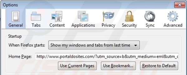 Usuwanie portaldosites.com ze strony domowej Mozilla Firefox