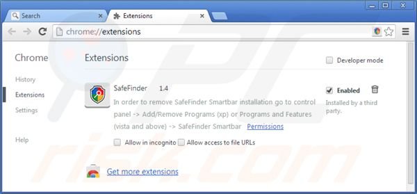 Usuwanie isearch.safefinder.net z rozszerzeń Google Chrome