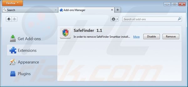 Usuwanie isearch.safefinder.net z rozszerzeń Mozilla Firefox