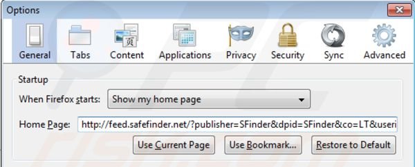 Usuwanie isearch.safefinder.net ze strony domowej Mozilla Firefox