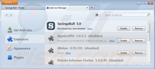 Usuwanie Savings Bull z Mozilla Firefox krok 2