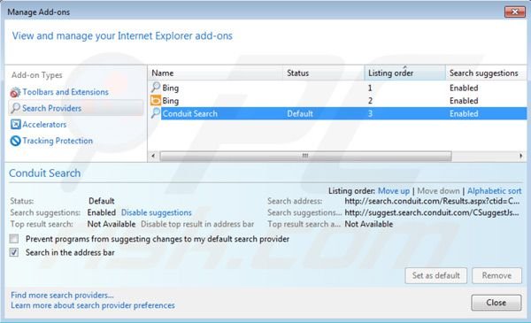 Usuwanie Search Protect by Conduit removal z ustawień domyślnej wyszukiwarki Internet Explorer