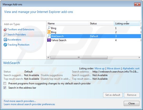 Usuwanie websearch.searchsun.info z domyślnych ustawień wyszukiwarki Internet Explorer