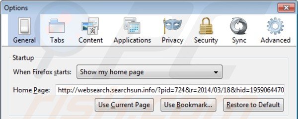 Usuwanie websearch.searchsun.info ze strony domowej Mozilla Firefox