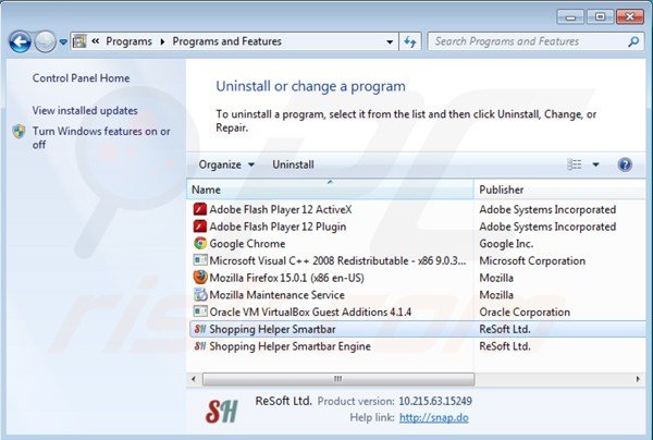 Deinstalacja Shopping helper smartbar poprzez Panel sterowania