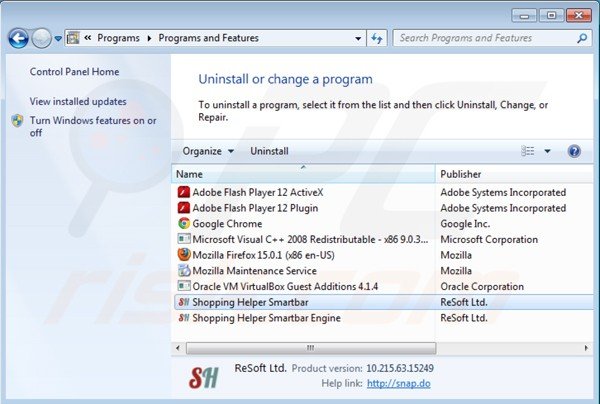 Deinstalacja Shopping helper smartbar poprzez Panel sterowania
