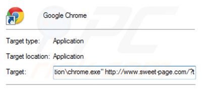 Usuwanie sweet-page.com ze skrótu docelowego Google Chrome krok 2