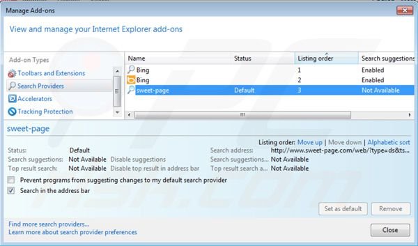 Usuwanie sweet-page.com z ustawień domyślnej wyszukiwarki Internet Explorer