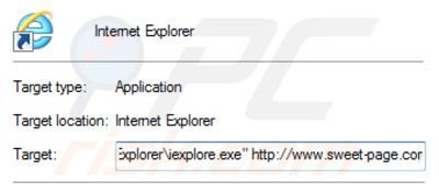 Usuwanie skrótu docelowego sweet-page.com z Internet Explorer krok 2