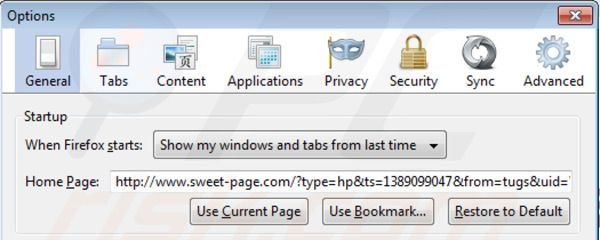 Usuwanie sweet-page.com ze strony domowej Mozilla Firefox