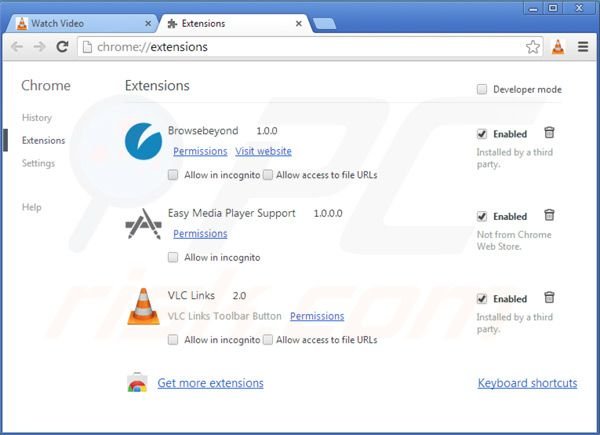 Usuwanie wirusa vlc app z rozszerzeń Google Chrome krok 2