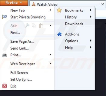 Usuwanie wirusa vlc app z rozszerzeń Mozilla Firefox krok 1
