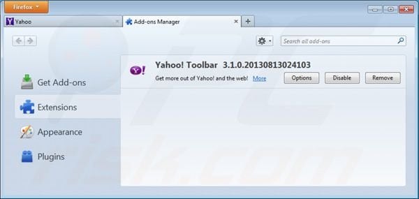 Usuwanie paska narzędzi Yahoo z rozszerzeń Mozilla Firefox