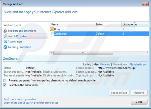 Usuwanie zensearch.com z ustawień domyślnej wyszukiwarki Internet Explorer