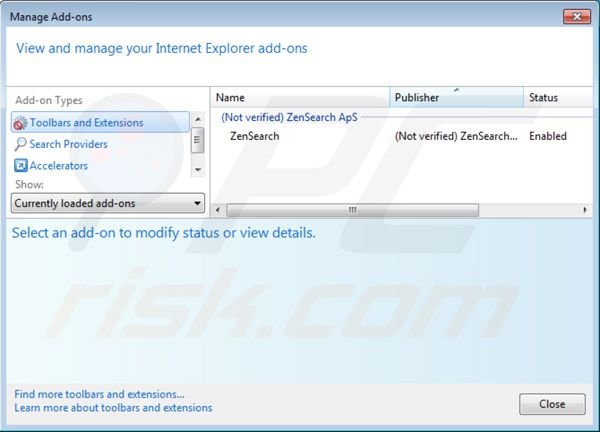 Usuwanie zensearch.com z rozszerzeń Internet Explorer