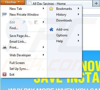 Usuwanie reklam All Day Savings z Mozilla Firefox krok 1