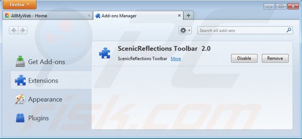 Usuwanie powiązanych rozszerzeń allmyweb.com z Mozilla Firefox
